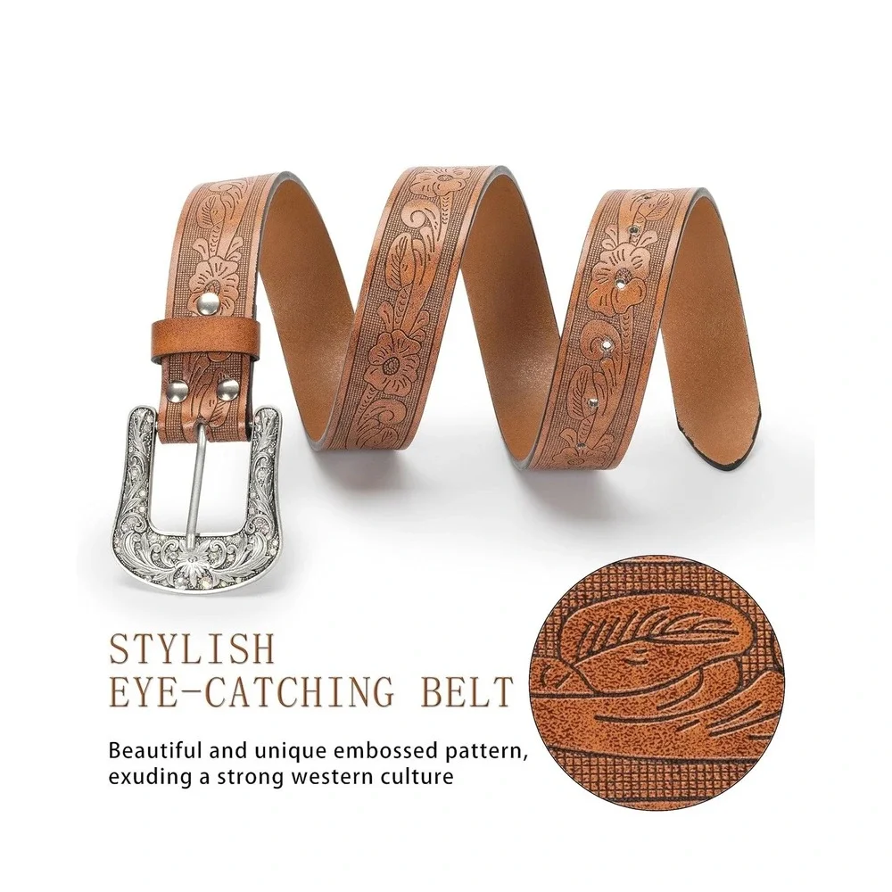 Womens Western Floral Embossed Brown Belt Rhinestone Silver Buckle Cowboy Style